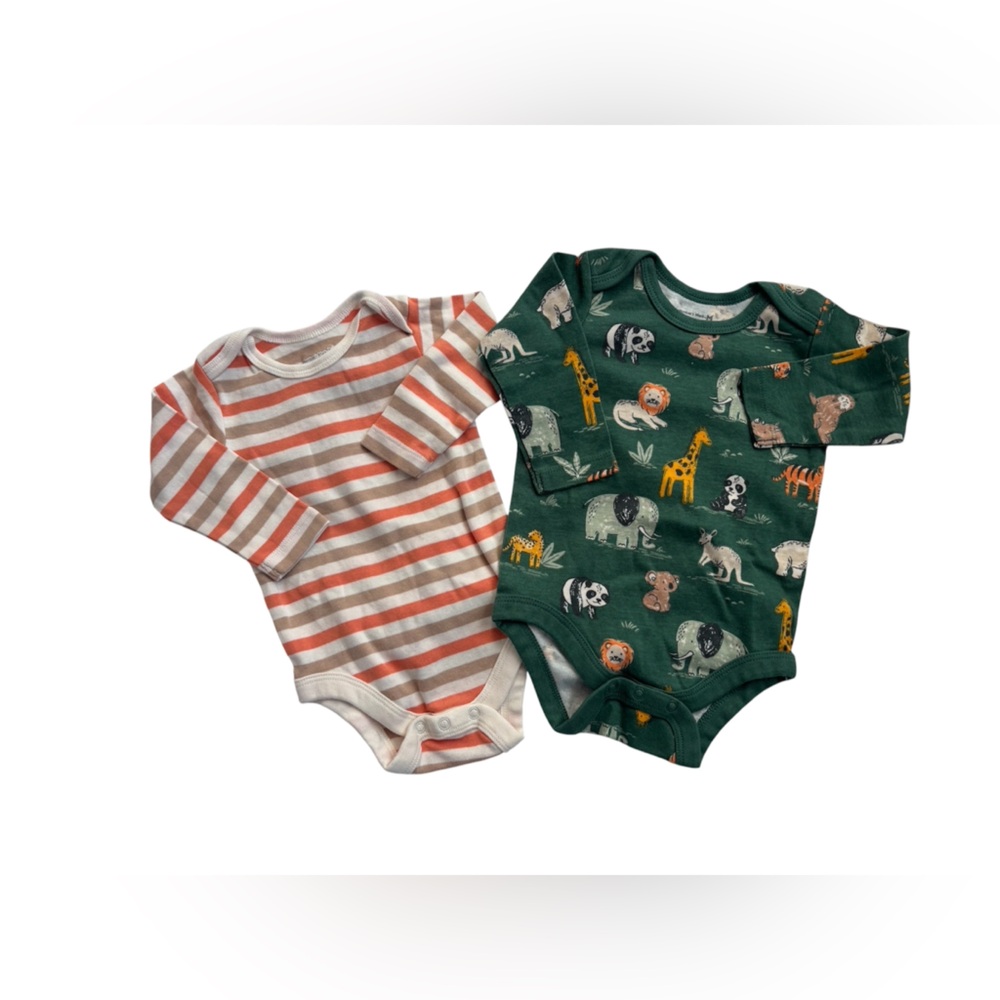 Members Mark Organic Long-Sleeve Onesie Green Safari & Orange Stripe